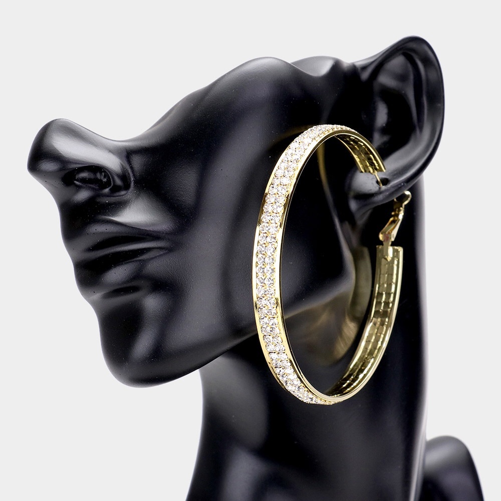 Gold Rhinestone Embellished Metal Hoop Statement Earrings